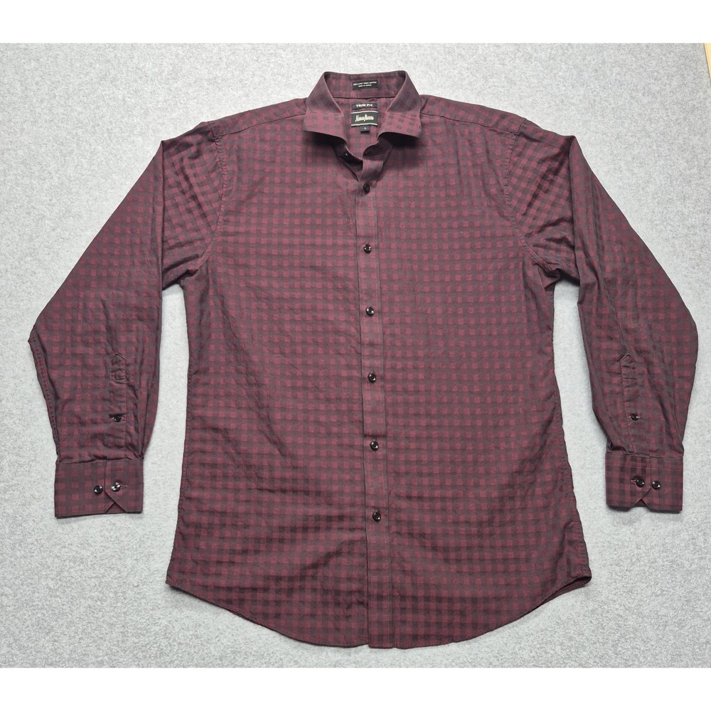 Neiman Marcus Shirt Mens L Burgundy Trim Fit Long Sleeve Button Up Geometric